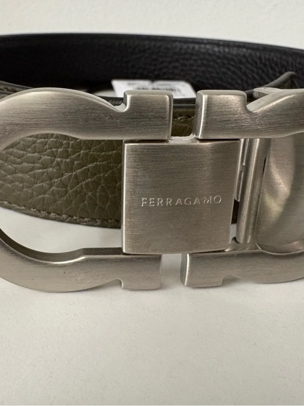Salvatore Ferragamo Olive Leather Belt with Silver Gancini Buckle